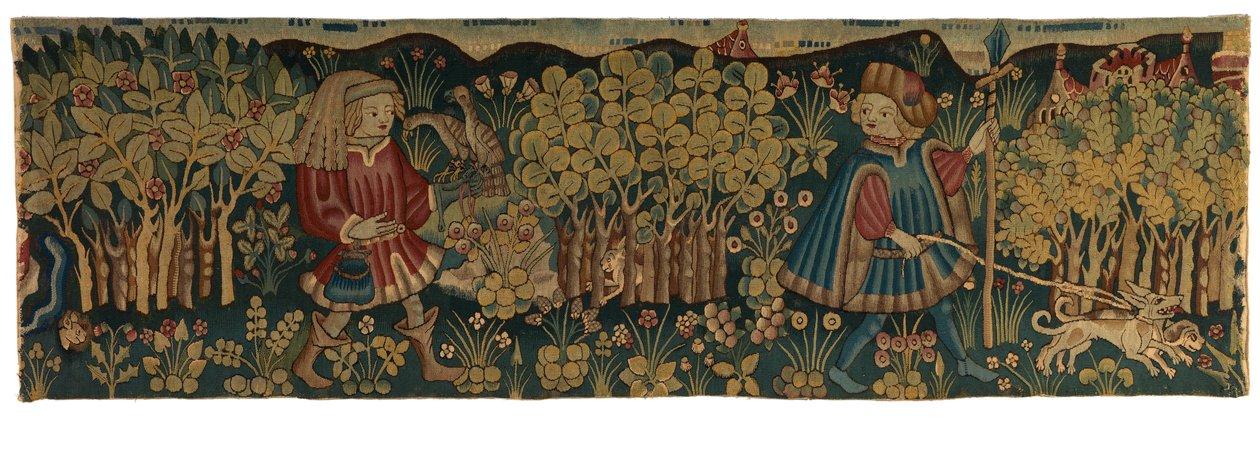 Tapestry Strip Depicting Two Youths Hawking and Hunting