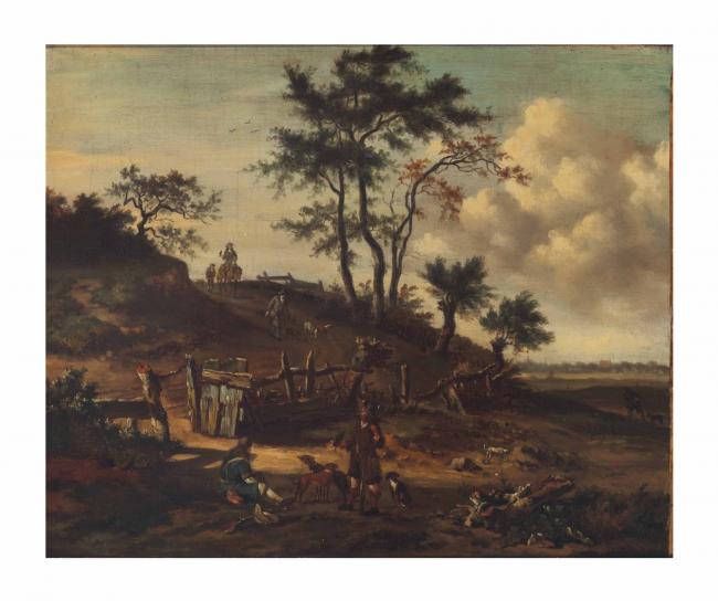 An extensive landscape with falconers and dogs on a path after Jan Wijnants 