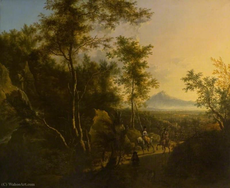 "A Wooded Scene with a Sportsman, His Dog and a Hawking Party" by Frederik De Moucheron (1633-1686)