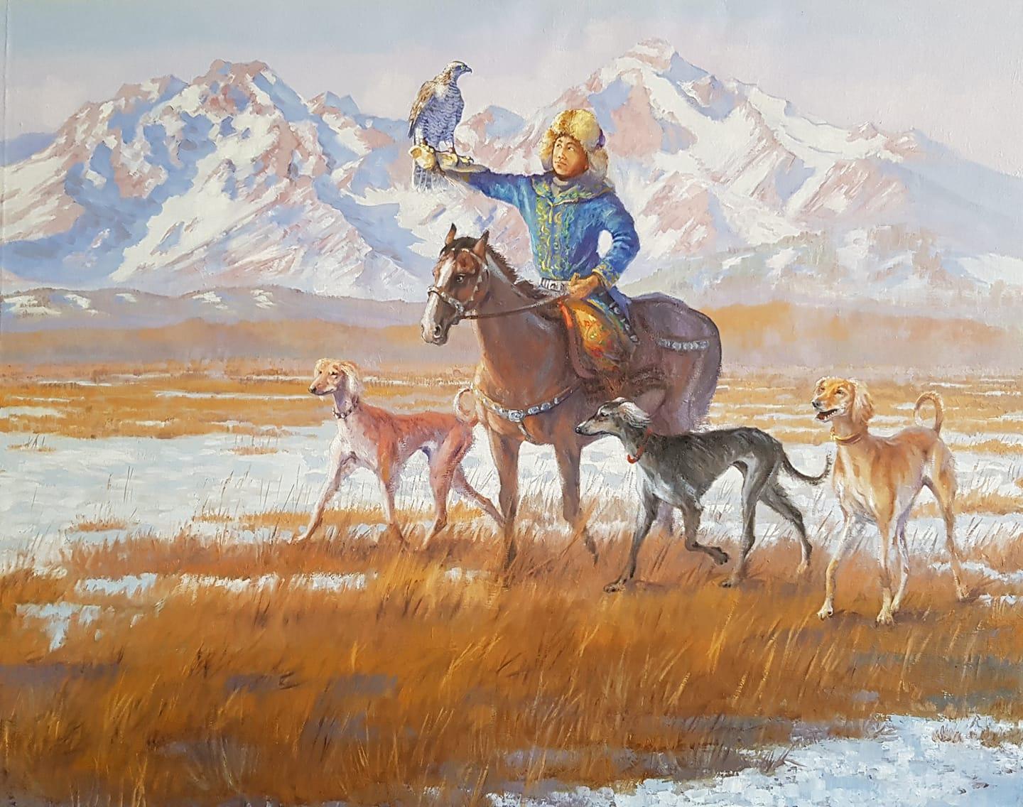 "Young Falconer" - 80×110, oil on canvas made in 2020 by Kazakhi artist Essengali Sadyrbaev