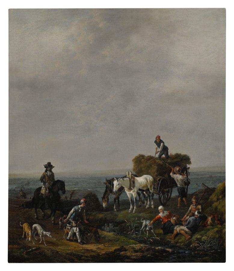 Falconers on a path with harvesters loading hay onto a wagon nearby by Dutch artist Johannes Lingelb