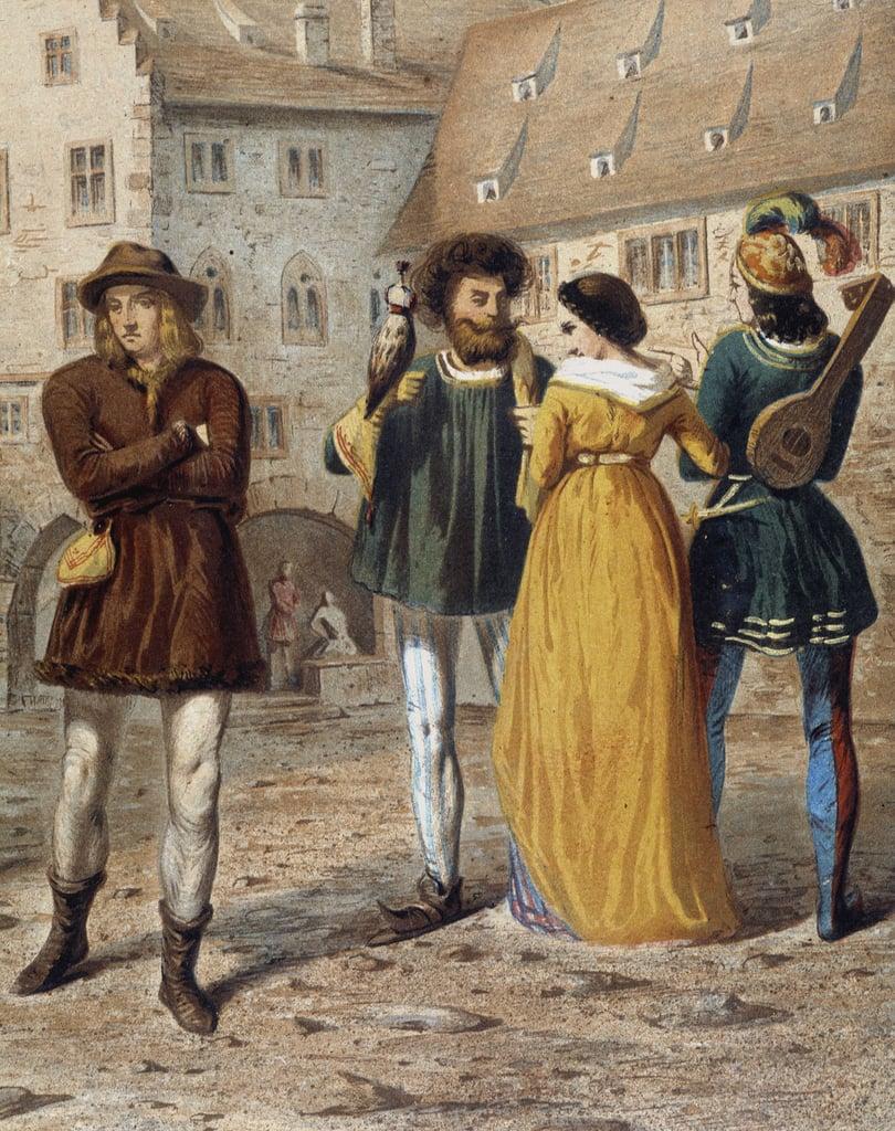 Falconer, lady and troubadour: street scene in Strasbourg in the Middle Ages. 
