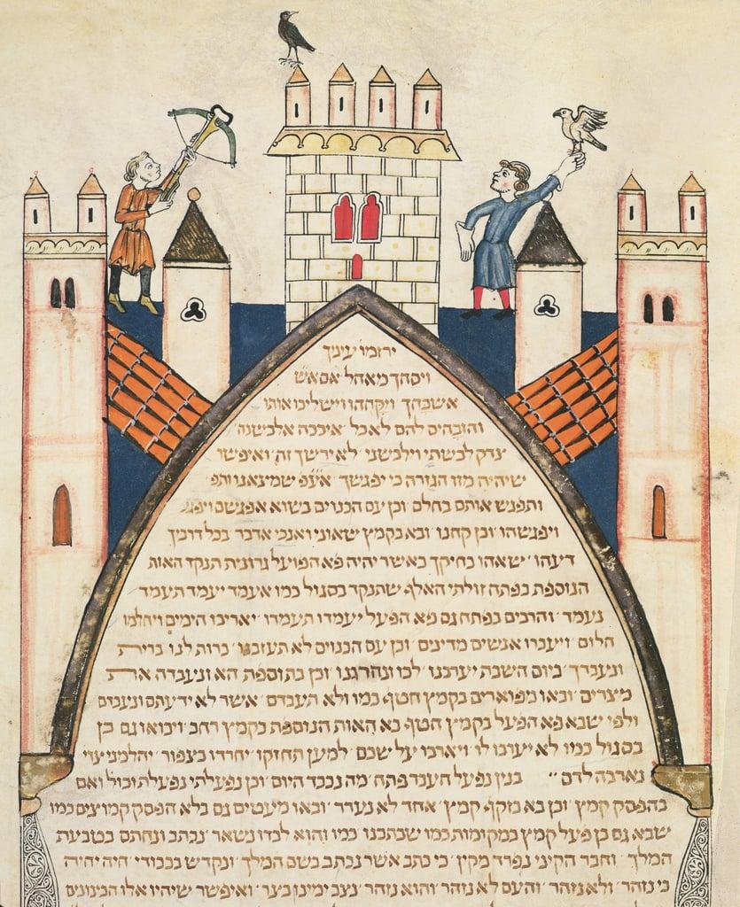 Hunting with falcons, illustration from the Jewish Cervera Bible, 1299  by Joseph Ha Zarefati