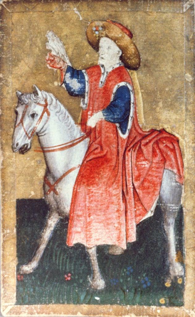 A mounted falconer, one of a set of playing cards depicting scenes of courtly hawking, Upper Rhein A