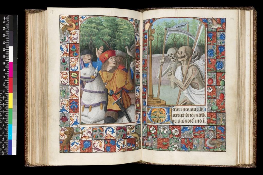 MS 92 f.132v-133r, Office of the Dead, Matins, The Three Living and the Three Dead, from a Book of H