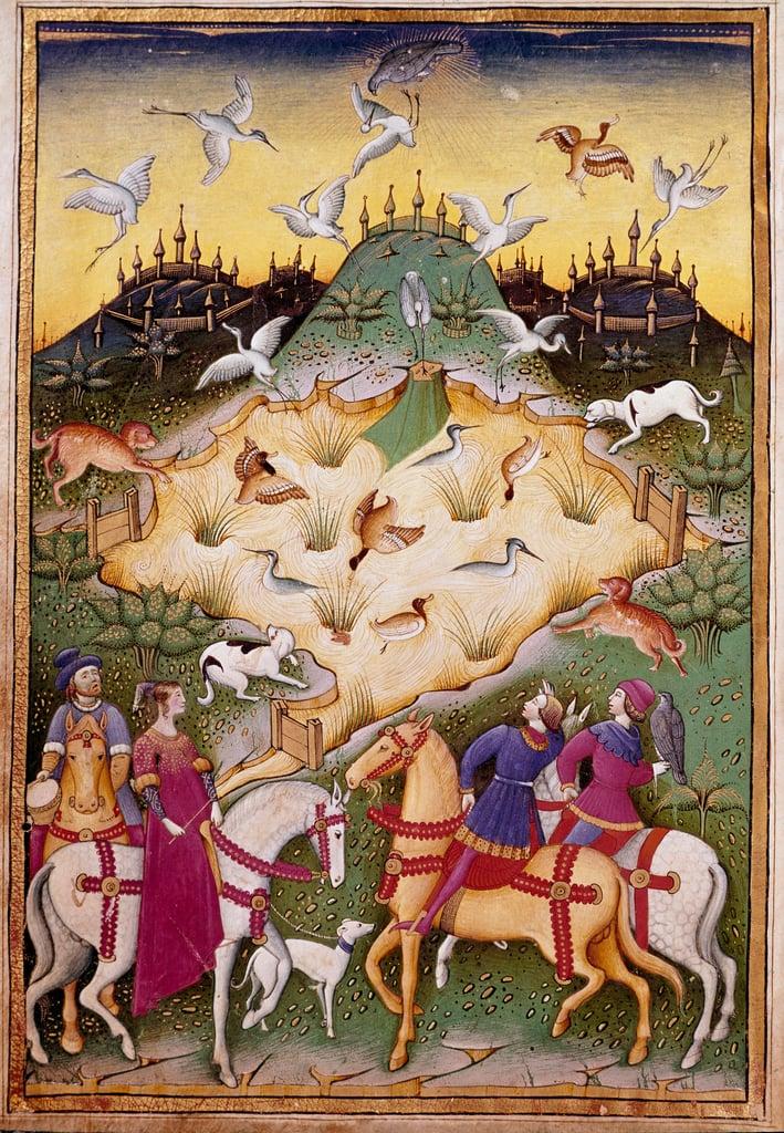 Hunting scene with hawks Miniature from “” Treat falconry and venerie with the motto and emblem of t