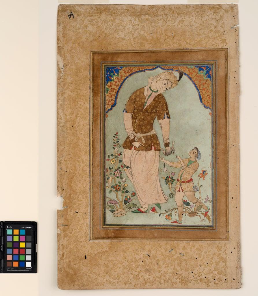 A Falconer Accepts Her Prey from a Page, c.1580 (opaque watercolor and gold on paper, mounted on an 