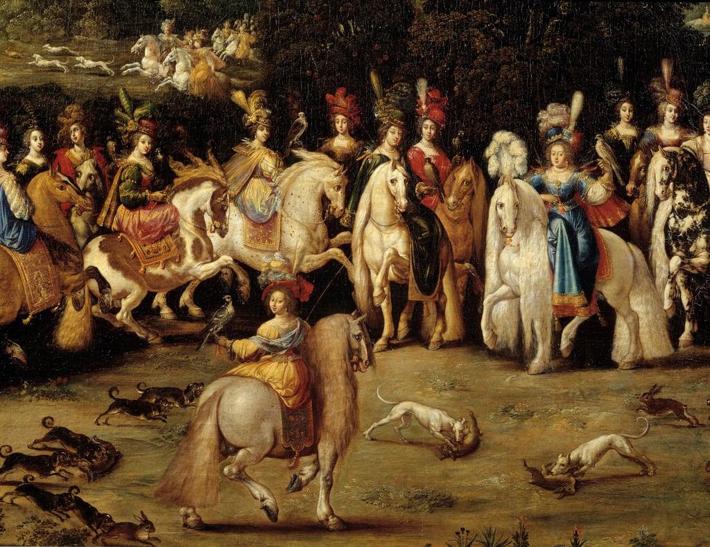 The four elements. Air detail: Ecuyere hunting falcon. Painting by Claude Deruet (1588-1662) 