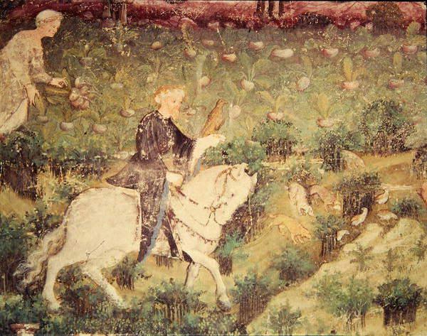 The Month of September, detail of a rider with a falcon, c.1400 (fresco) 