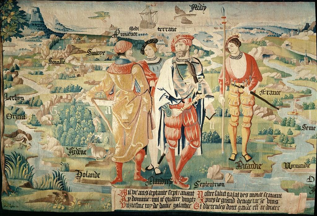Galathes, 11th King of the Gauls with a map of Gaul behind, detail from a tapestry on the history of