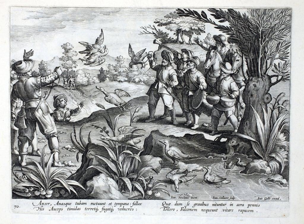 Hunters using Falcons to hunt Geese, illustration from 'Venationes, Ferarum, Avium, Piscium' (Of Hun
