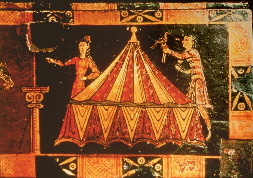 Detail from a wedding chest depicting two figures by a tent (painted vellum on wood) 